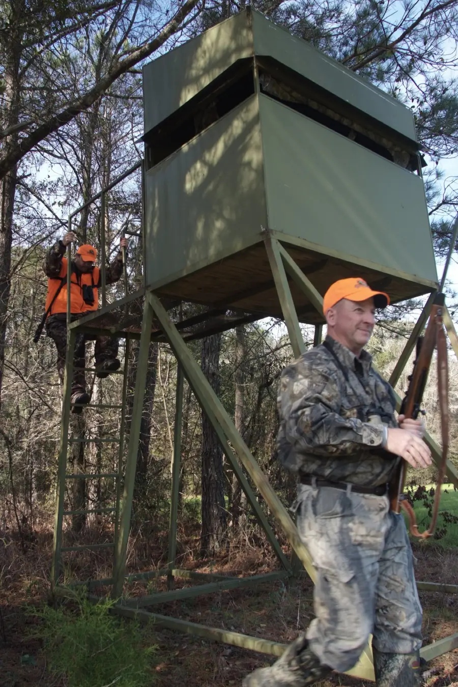 Hunters at an elevated box blind at Westervelt Lodge